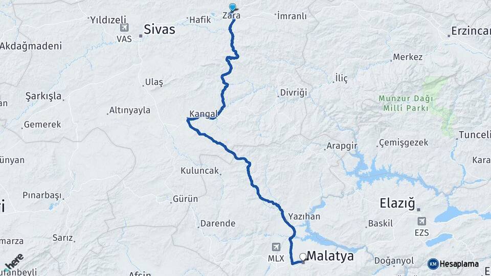 Sivas Zara Malatya Arası Kaç Km - Yol Haritası