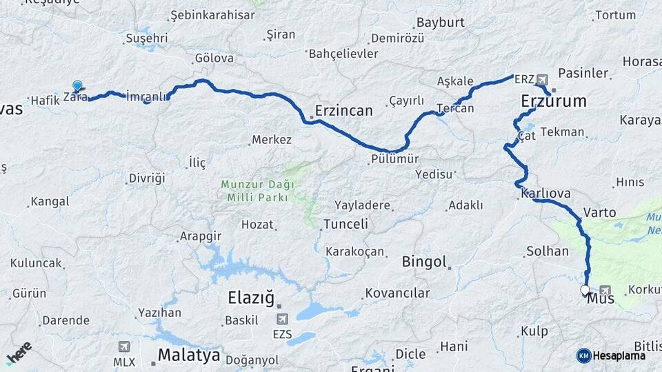 Sivas Zara Muş Arası Kaç Km - Yol Haritası