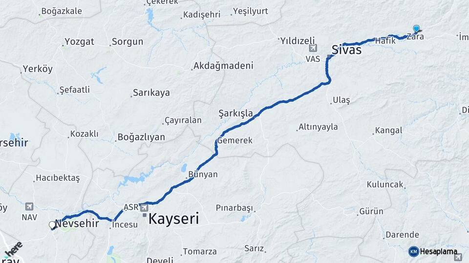 Sivas Zara Nevşehir Arası Kaç Km - Yol Haritası