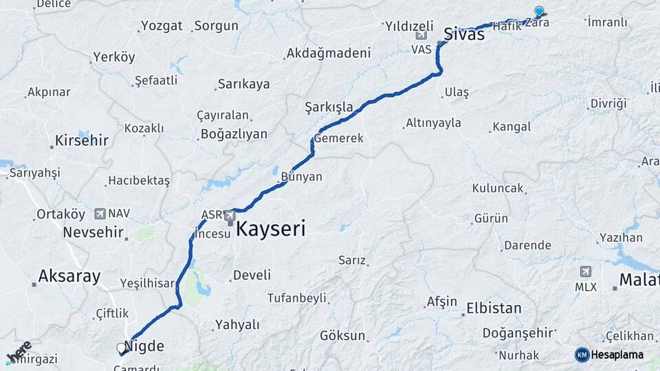 Sivas Zara Niğde Arası Kaç Km - Yol Haritası