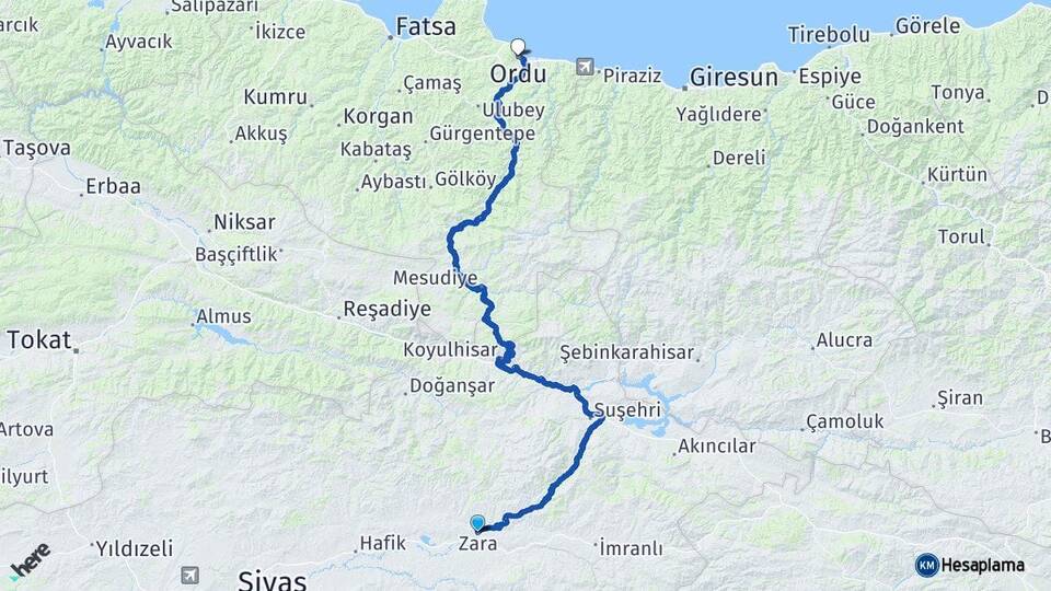 Sivas Zara Ordu Arası Kaç Km - Yol Haritası
