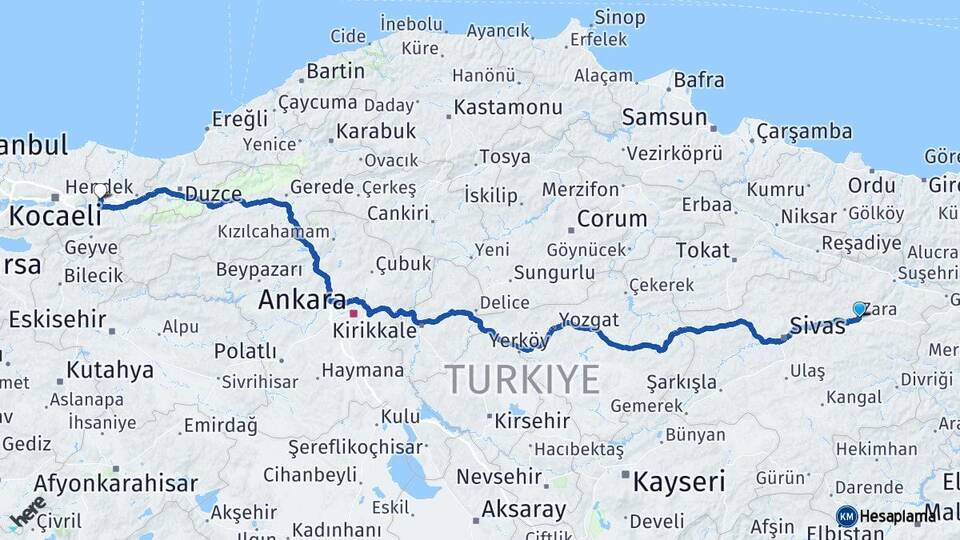 Sivas Zara Sakarya Arası Kaç Km - Yol Haritası