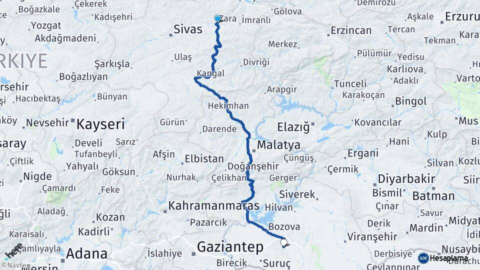 Sivas Zara Şanlıurfa Arası Kaç Km - Yol Haritası