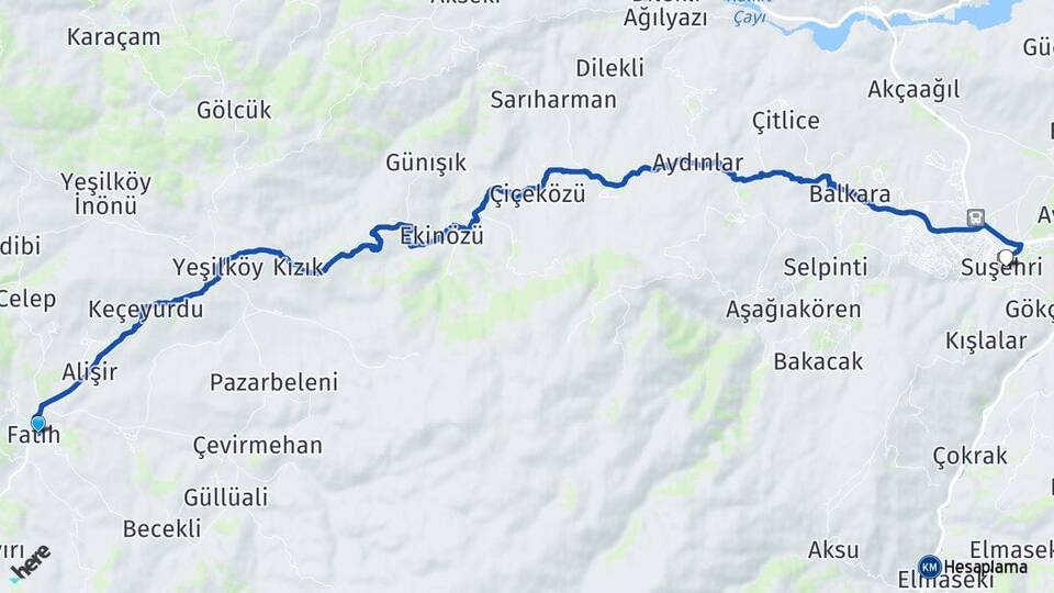 Sivas Zara Şerefiye Suşehri Arası Kaç Km - Yol Haritası
