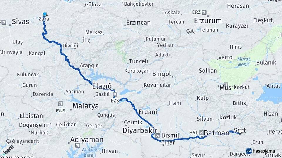 Sivas Zara Siirt Arası Kaç Km - Yol Haritası