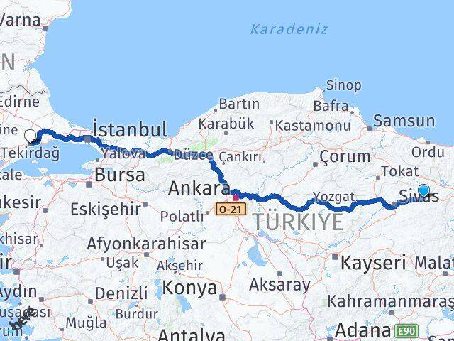 Sivas Zara Tekirdağ Arası Kaç Km - Yol Haritası