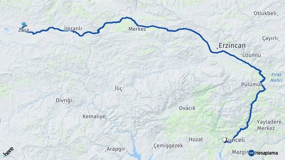 Sivas Zara Tunceli Arası Kaç Km - Yol Haritası