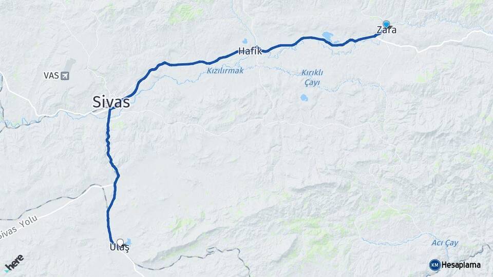 Sivas Zara Ulaş Arası Kaç Km - Yol Haritası