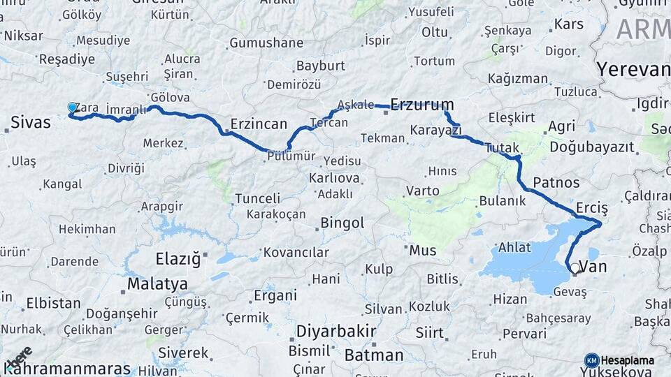 Sivas Zara Van Arası Kaç Km - Yol Haritası