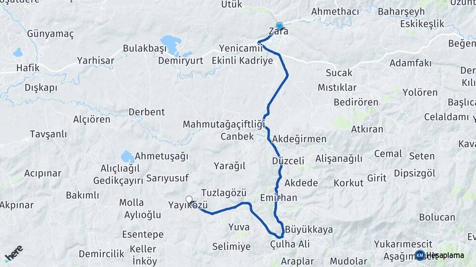 Sivas Zara Yayıközü Zara Arası Kaç Km - Yol Haritası