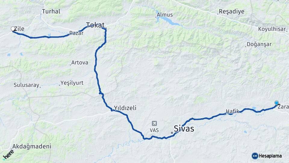Sivas Zara Zile Tokat Arası Kaç Km - Yol Haritası