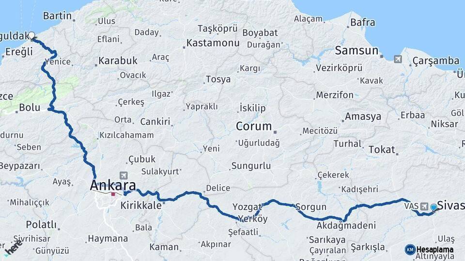 Sivas Zonguldak Arası Kaç Km - Yol Haritası