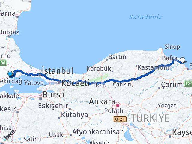 Tekirdağ 19 Mayıs Samsun Arası Kaç Km - Yol Haritası