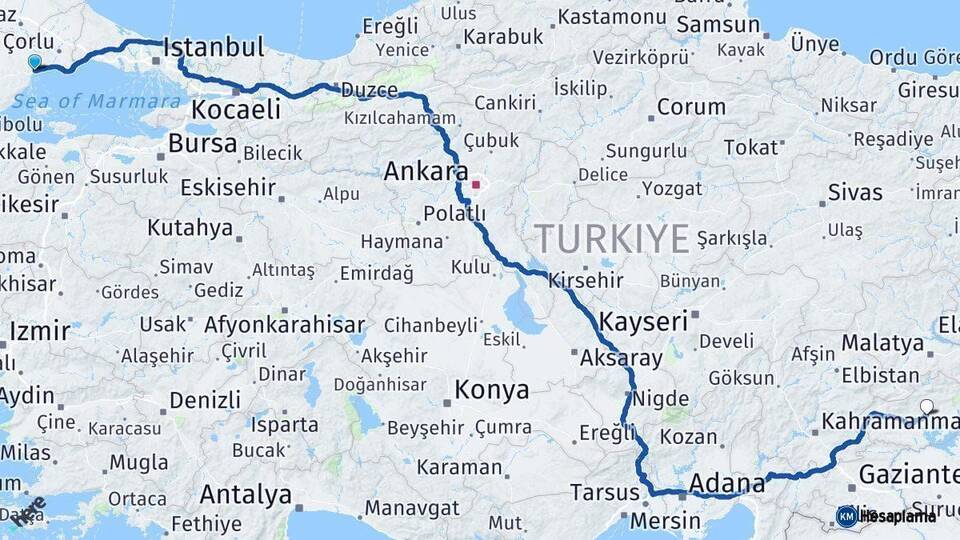 Tekirdağ Adıyaman Arası Kaç Km - Yol Haritası