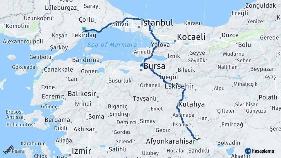 Tekirdağ Afyonkarahisar Arası Kaç Km - Yol Haritası