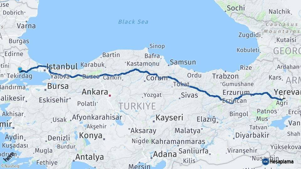 Tekirdağ Ağrı Arası Kaç Km - Yol Haritası