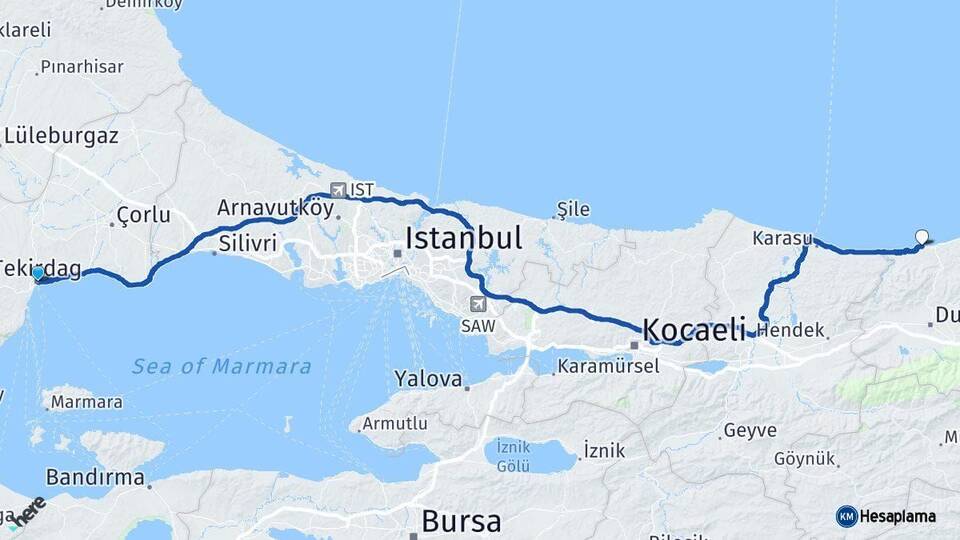 Tekirdağ Akçakoca Düzce Arası Kaç Km - Yol Haritası