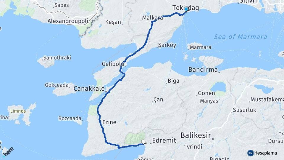Tekirdağ Akçay Edremit Balıkesir Arası Kaç Km - Yol Haritası