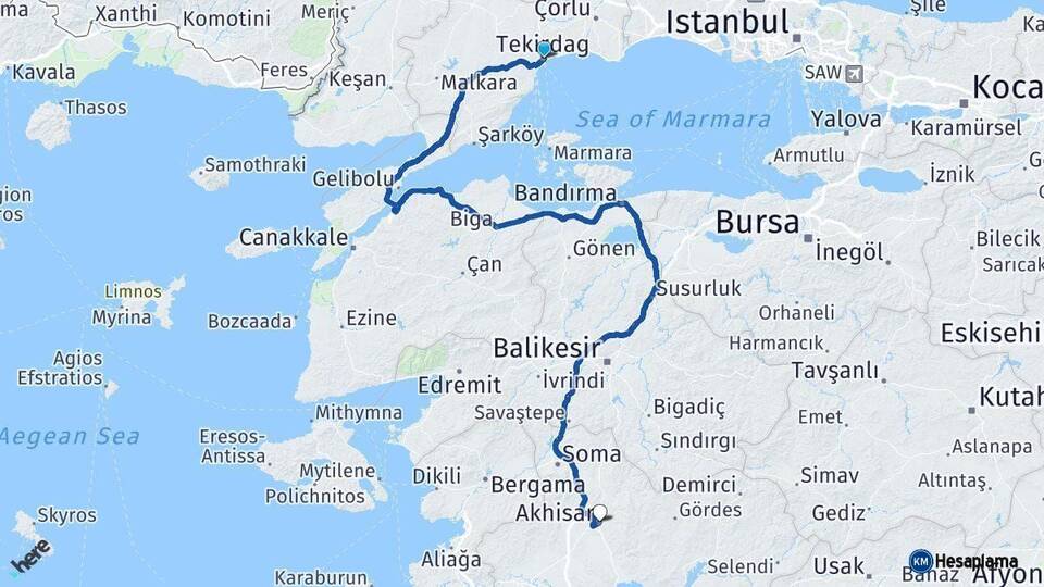 Tekirdağ Akhisar Manisa Arası Kaç Km - Yol Haritası