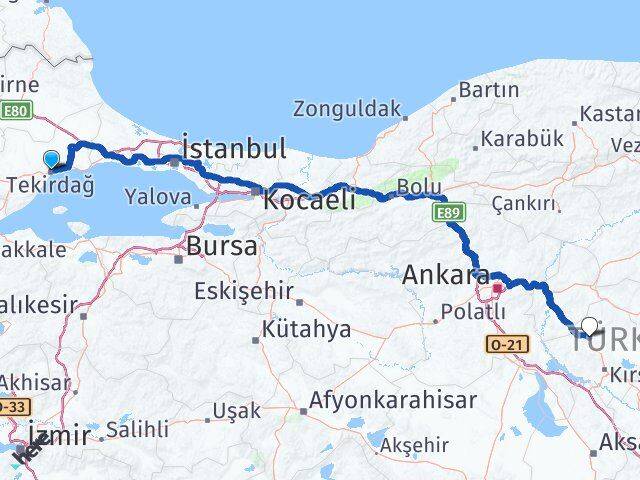 Tekirdağ Akpınar Kırşehir Arası Kaç Km - Yol Haritası
