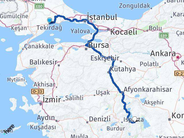Tekirdağ Aksu Isparta Arası Kaç Km - Yol Haritası