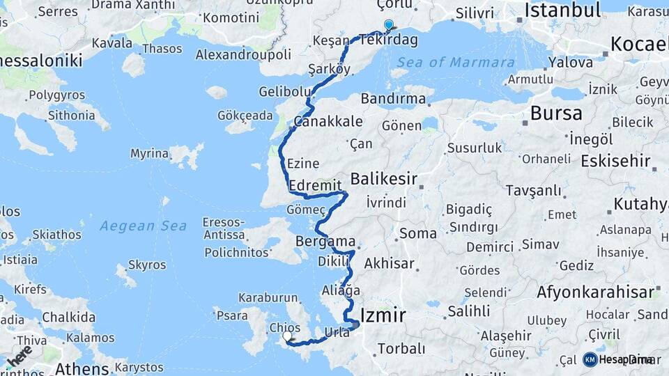 Tekirdağ Alaçatı Çeşme İzmir Arası Kaç Km - Yol Haritası