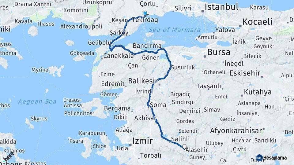 Tekirdağ Alaşehir Manisa Arası Kaç Km - Yol Haritası
