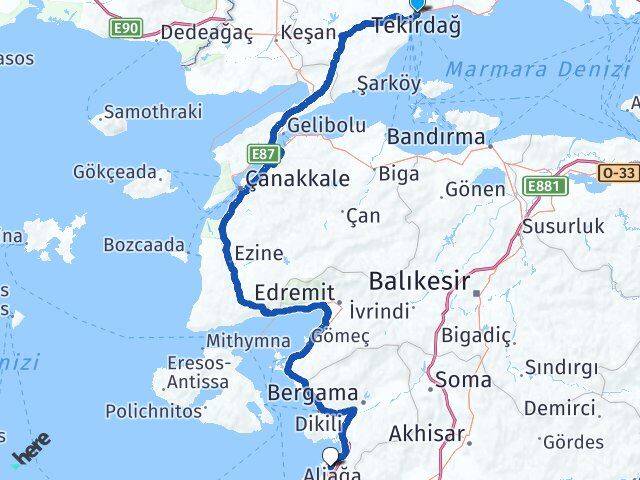 Tekirdağ Aliağa İzmir Arası Kaç Km - Yol Haritası
