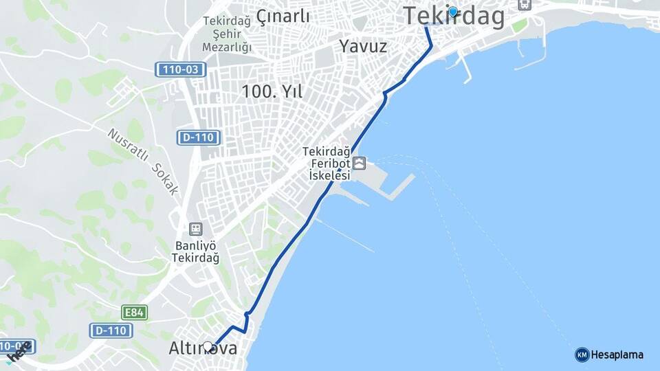 Tekirdağ Altınova Süleymanpaşa Arası Kaç Km - Yol Haritası