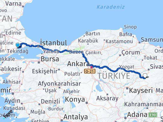 Tekirdağ Altınyayla Sivas Arası Kaç Km - Yol Haritası