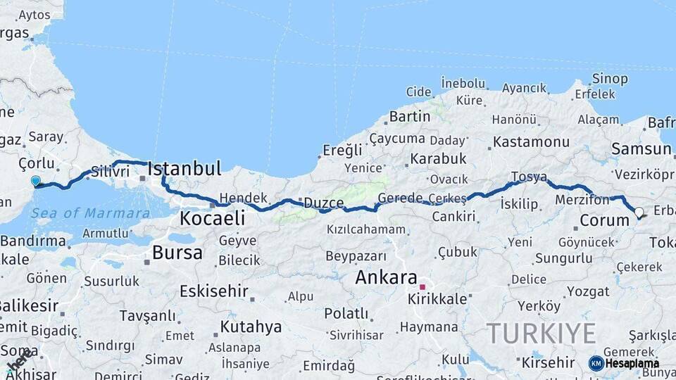 Tekirdağ Amasya Arası Kaç Km - Yol Haritası