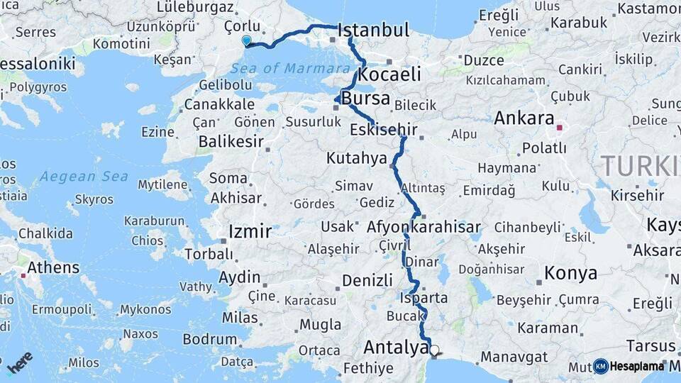 Tekirdağ Antalya Arası Kaç Km - Yol Haritası