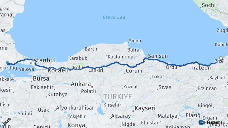 Tekirdağ Ardeşen Rize Arası Kaç Km - Yol Haritası