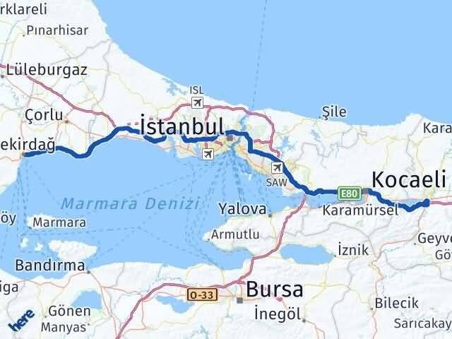 Tekirdağ Arifiye Sakarya Arası Kaç Km - Yol Haritası