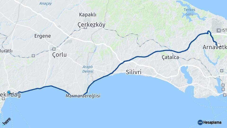 Tekirdağ Arnavutköy İstanbul Arası Kaç Km - Yol Haritası