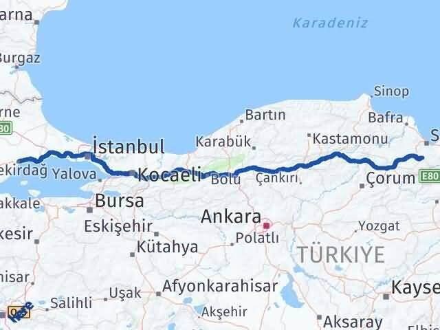 Tekirdağ Asarcık Samsun Arası Kaç Km - Yol Haritası