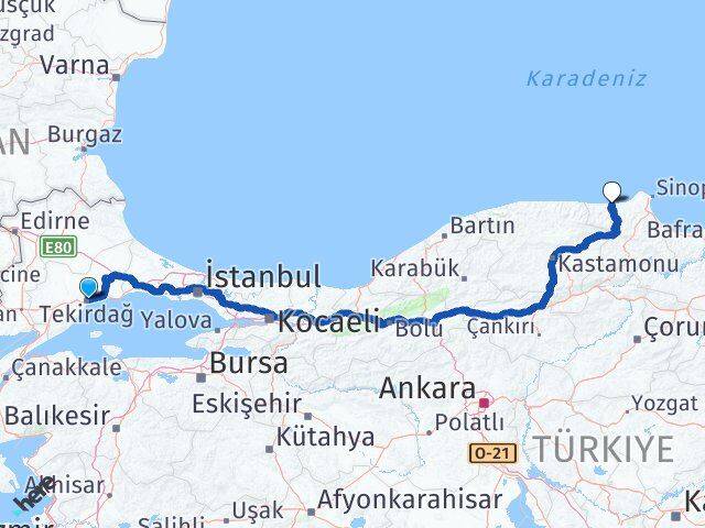 Tekirdağ Ayancık Sinop Arası Kaç Km - Yol Haritası