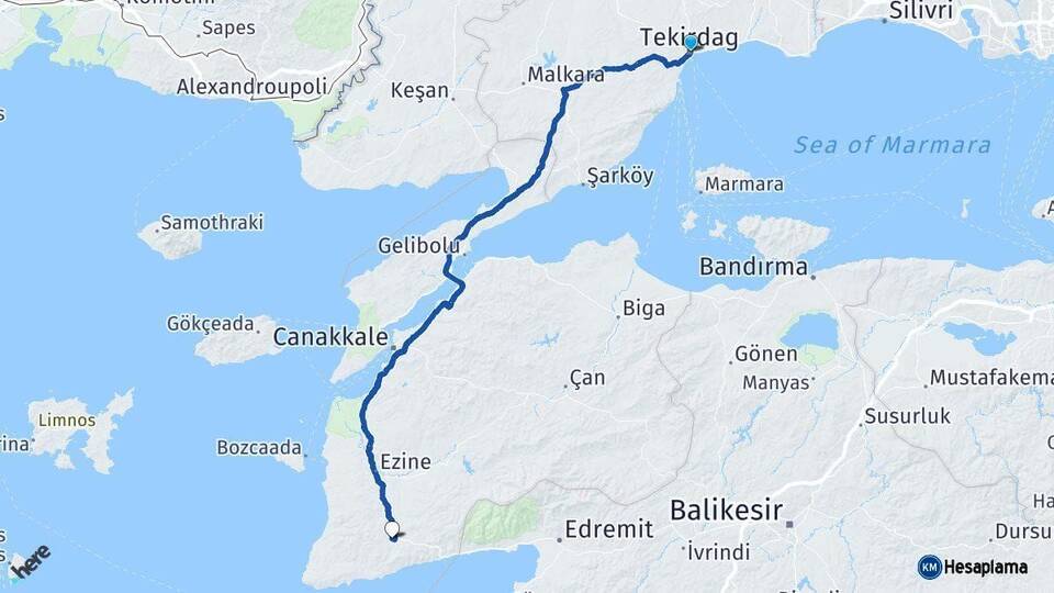 Tekirdağ Ayvacık Çanakkale Arası Kaç Km - Yol Haritası