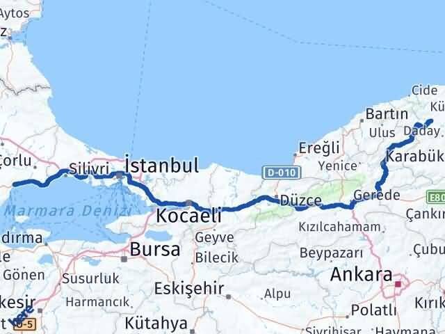 Tekirdağ Azdavay Kastamonu Arası Kaç Km - Yol Haritası