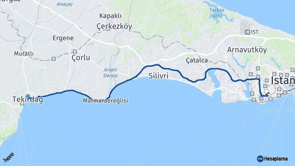 Tekirdağ Bahçelievler İstanbul Arası Kaç Km - Yol Haritası