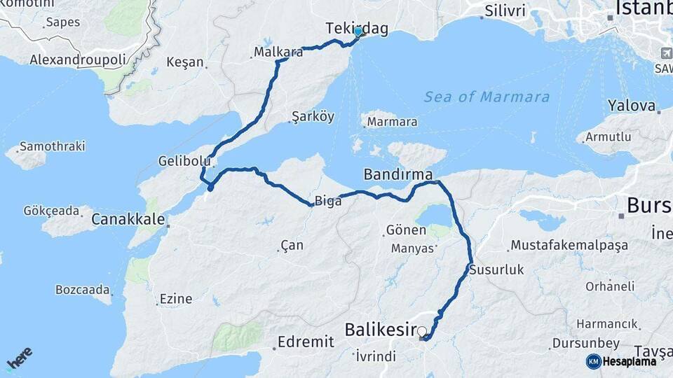 Tekirdağ Balıkesir Arası Kaç Km - Yol Haritası