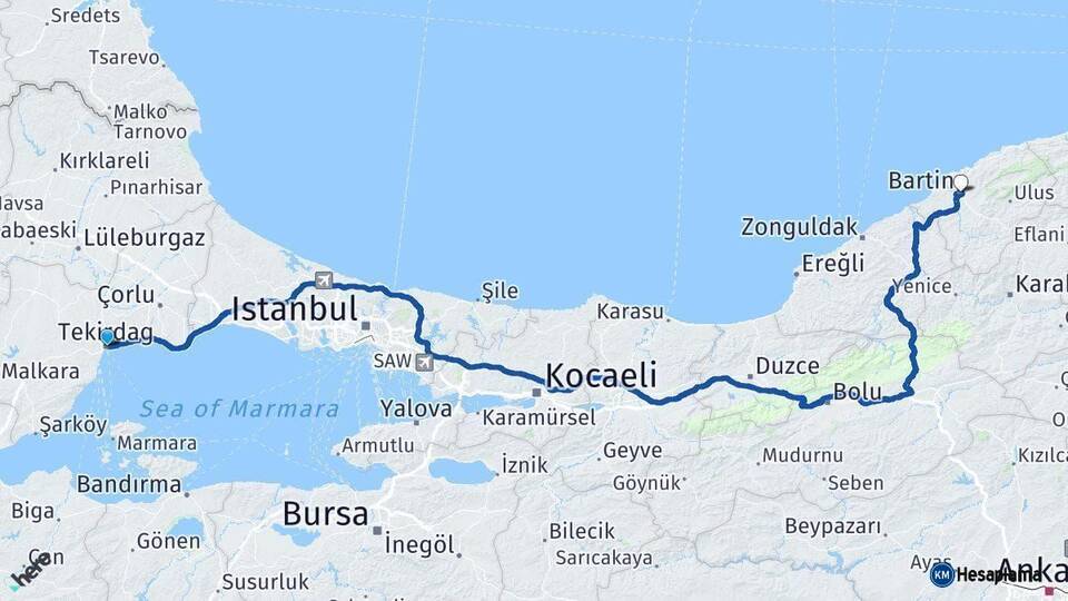 Tekirdağ Bartın Arası Kaç Km - Yol Haritası
