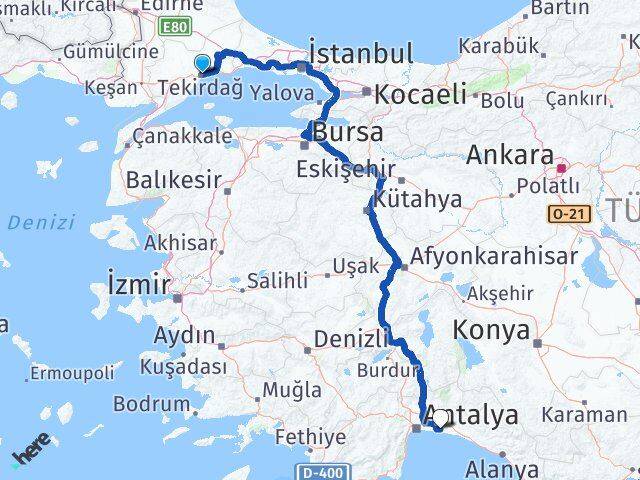 Tekirdağ Belek Serik Antalya Arası Kaç Km - Yol Haritası