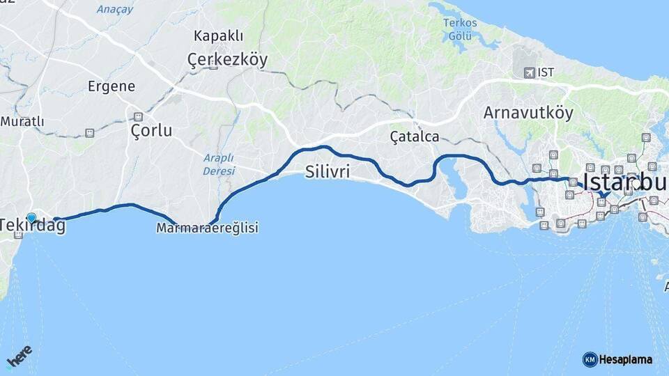 Tekirdağ Beşiktaş İstanbul Arası Kaç Km - Yol Haritası