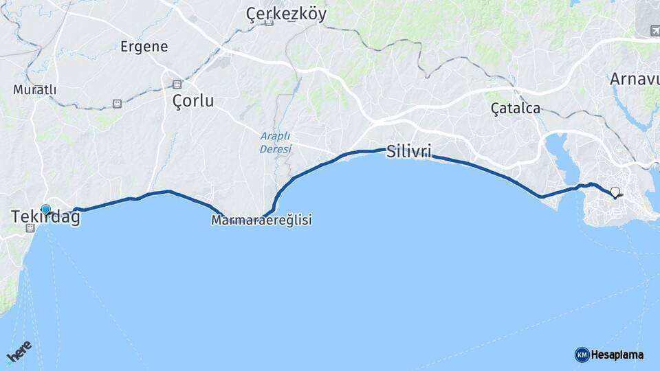 Tekirdağ Beylikdüzü İstanbul Arası Kaç Km - Yol Haritası