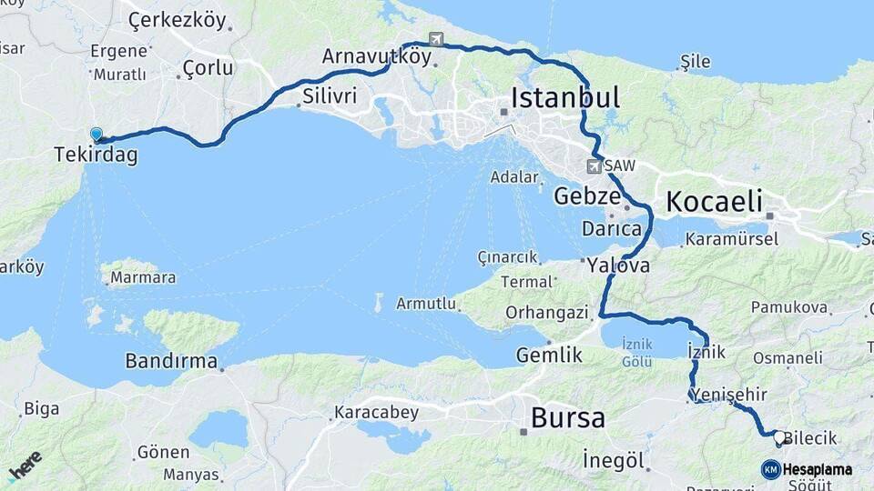 Tekirdağ Bilecik Arası Kaç Km - Yol Haritası