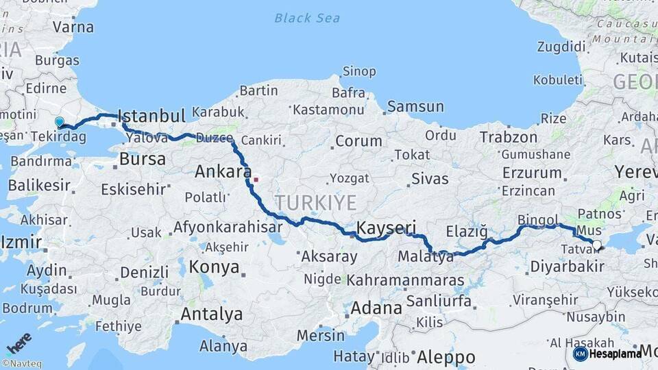 Tekirdağ Bitlis Arası Kaç Km - Yol Haritası