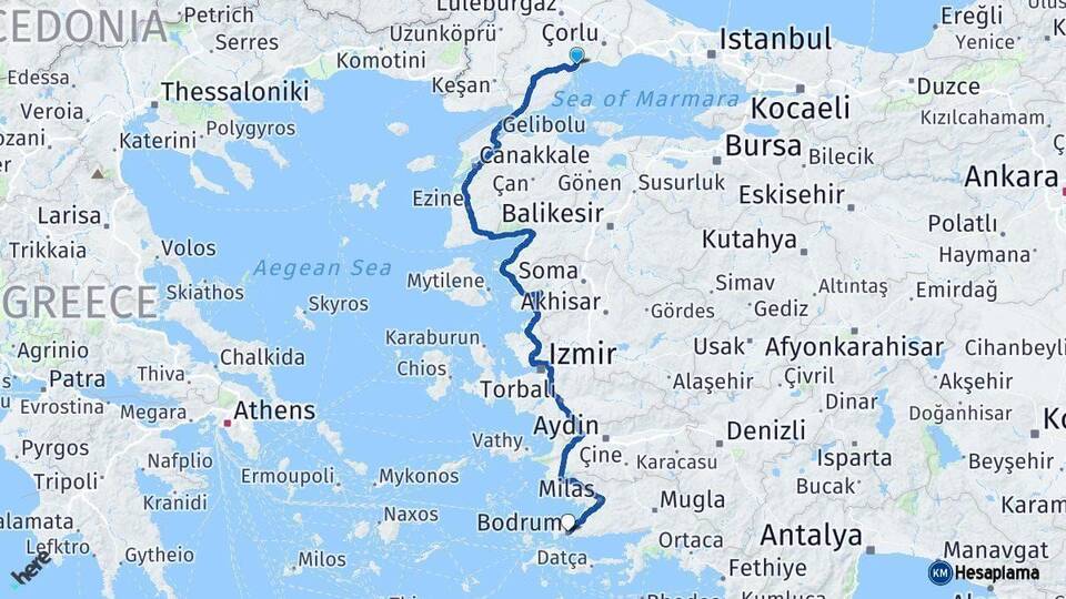 Tekirdağ Bodrum Muğla Arası Kaç Km - Yol Haritası