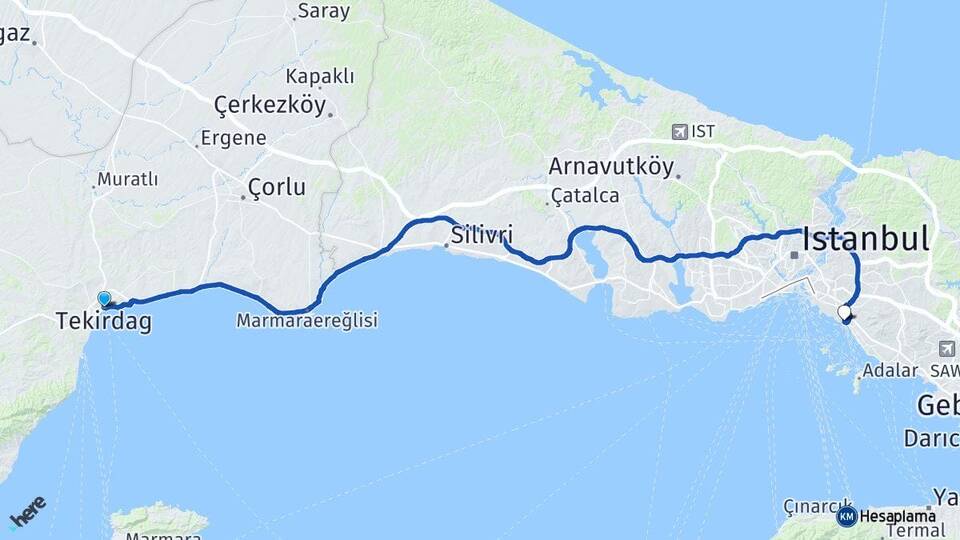 Tekirdağ Bostancı Kadıköy İstanbul Arası Kaç Km - Yol Haritası