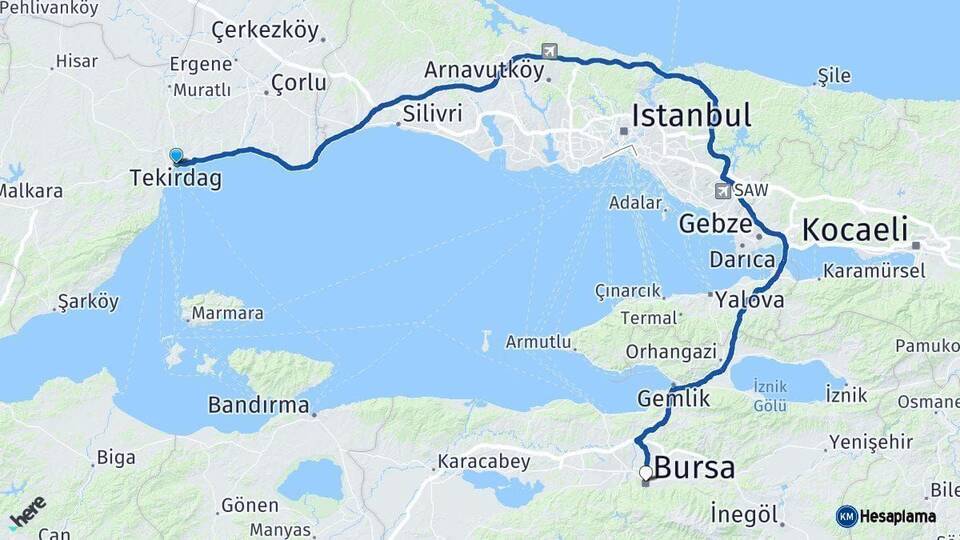Tekirdağ Bursa Arası Kaç Km - Yol Haritası